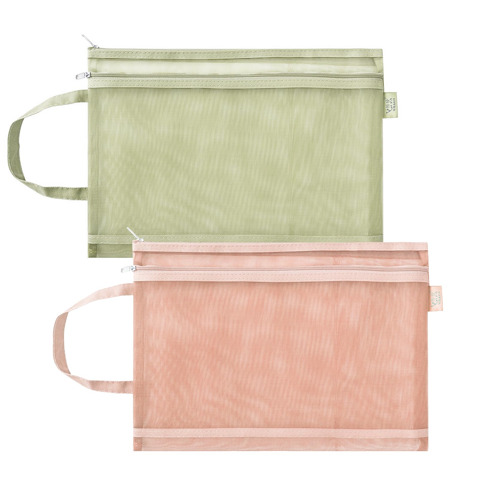 Cosysparks A4 Mesh File Zip Bags, 2Pcs Folder Wallets Mesh Zipper Pouch with Handle Double Layered Zipper File Bags Clear Meshs Document Bag for School Office Travel Storage (Red+Green)