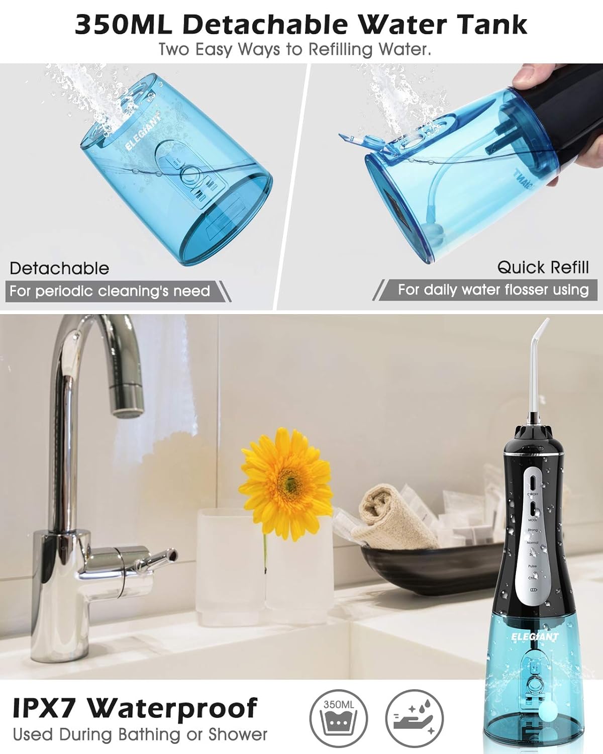 ELEGIANT Water Flosser for Teeth, 5 Modes Cordless Dental Oral Irrigator Rechargeable with 350ML Cleanable Water Tank, IPX7 Waterproof, Teeth Cleaner for Home, Travel, Braces and Bridges Care: Beauty