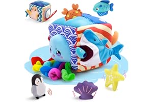 SAIMAND Baby Toys 6-12 Months–Mystery Soft Box with 5 Plush Marine Animals,Rattle,Crinkle Paper & Mirror–Montessori Sensory Toys for 6 Month Old Babies 1-3 Year Old Boy Girl Birthday