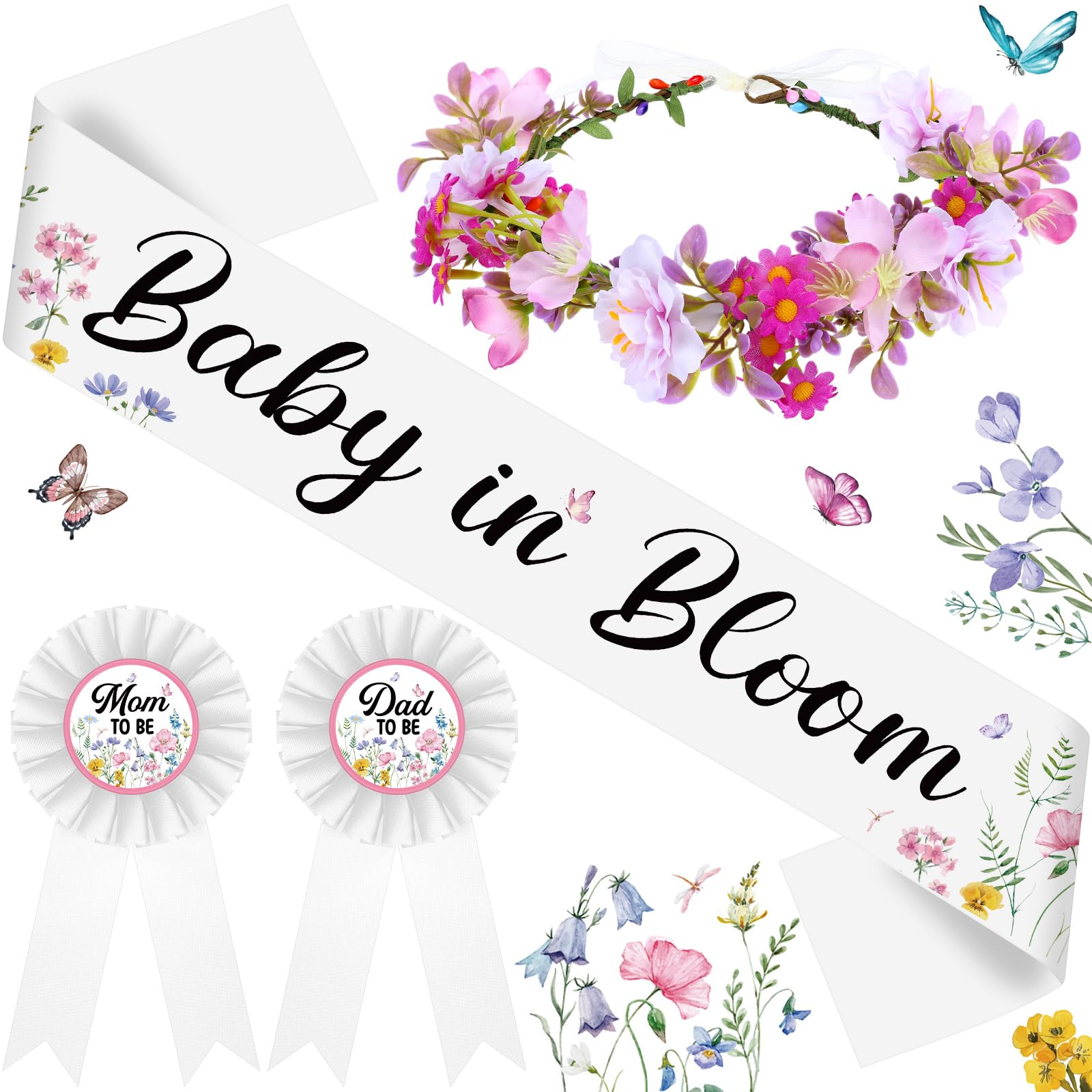 Photo 1 of Ceenna Wildflower Baby Shower Decorations Baby in Bloom Floral Mom to Be Sash and Dad to Be Pin Flower Crown for Gender Reveals Shower Party Favors Pregnancy Mommy Dress Gift