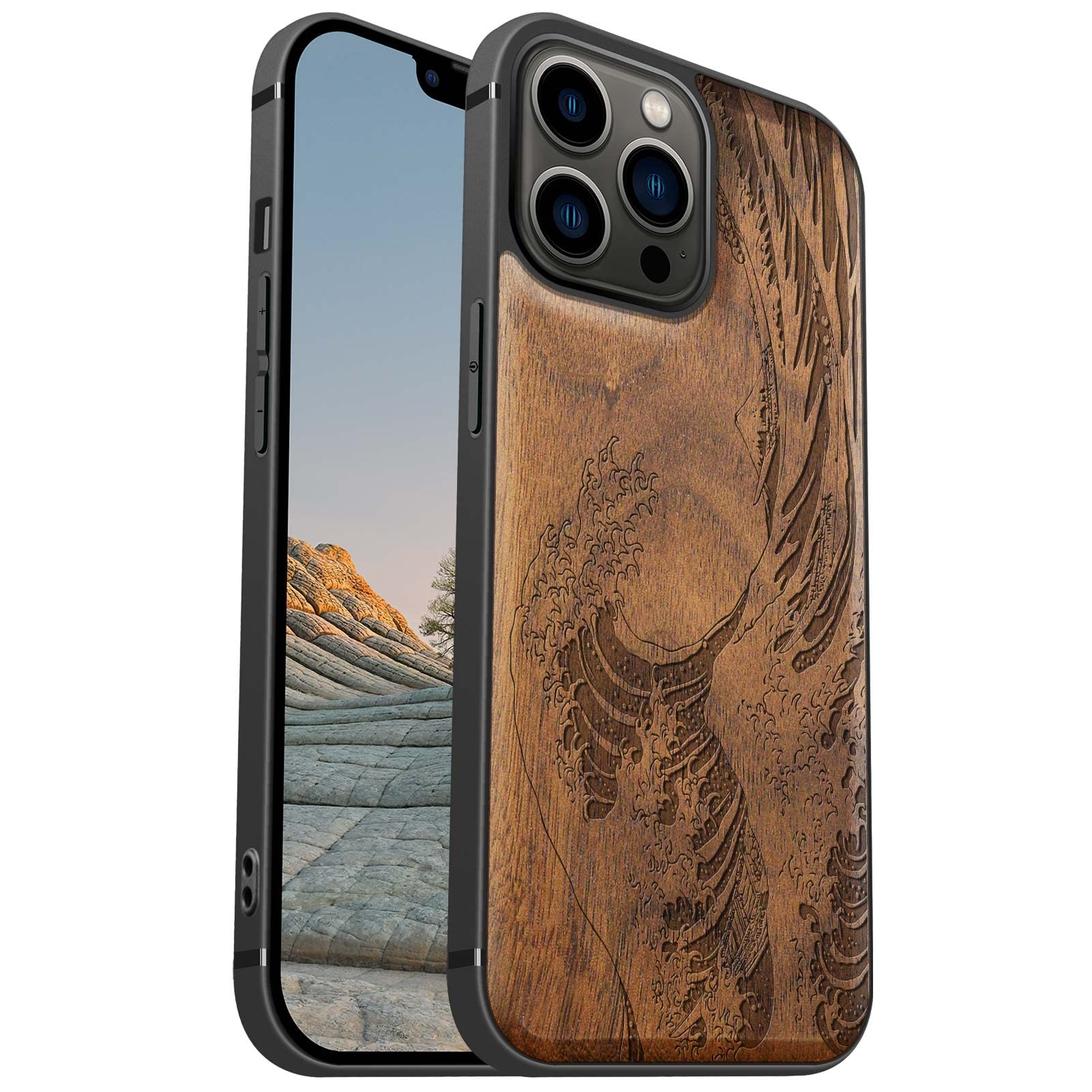 Carveit Magnetic Wood Case for iPhone 13 Pro Max [Hard Real Wood & Soft TPU] Shockproof Protective Cover Wooden Design Bumper Case Compatible with MagSafe (Wave Kanagawa-Walnut)