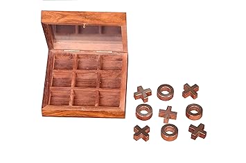 The Mind Challenge Wooden Puzzles Tic Tac Toe Glass Top (Brown)