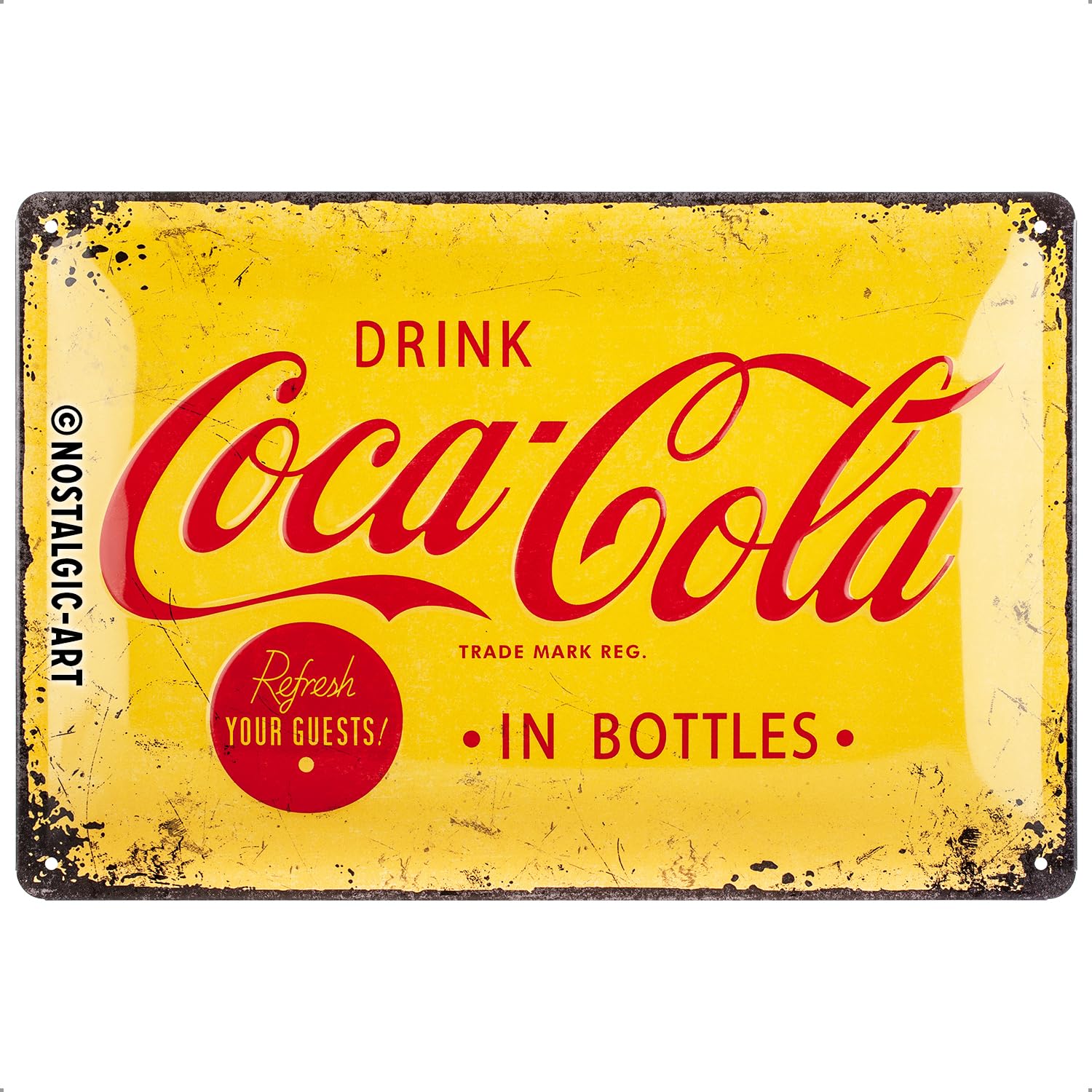 Nostalgic-Art Coca-Cola - Logo Yellow - Gift idea for Coke fansRetro Tin SignMetal PlaqueVintage design for wall decoration20 x 30 cm