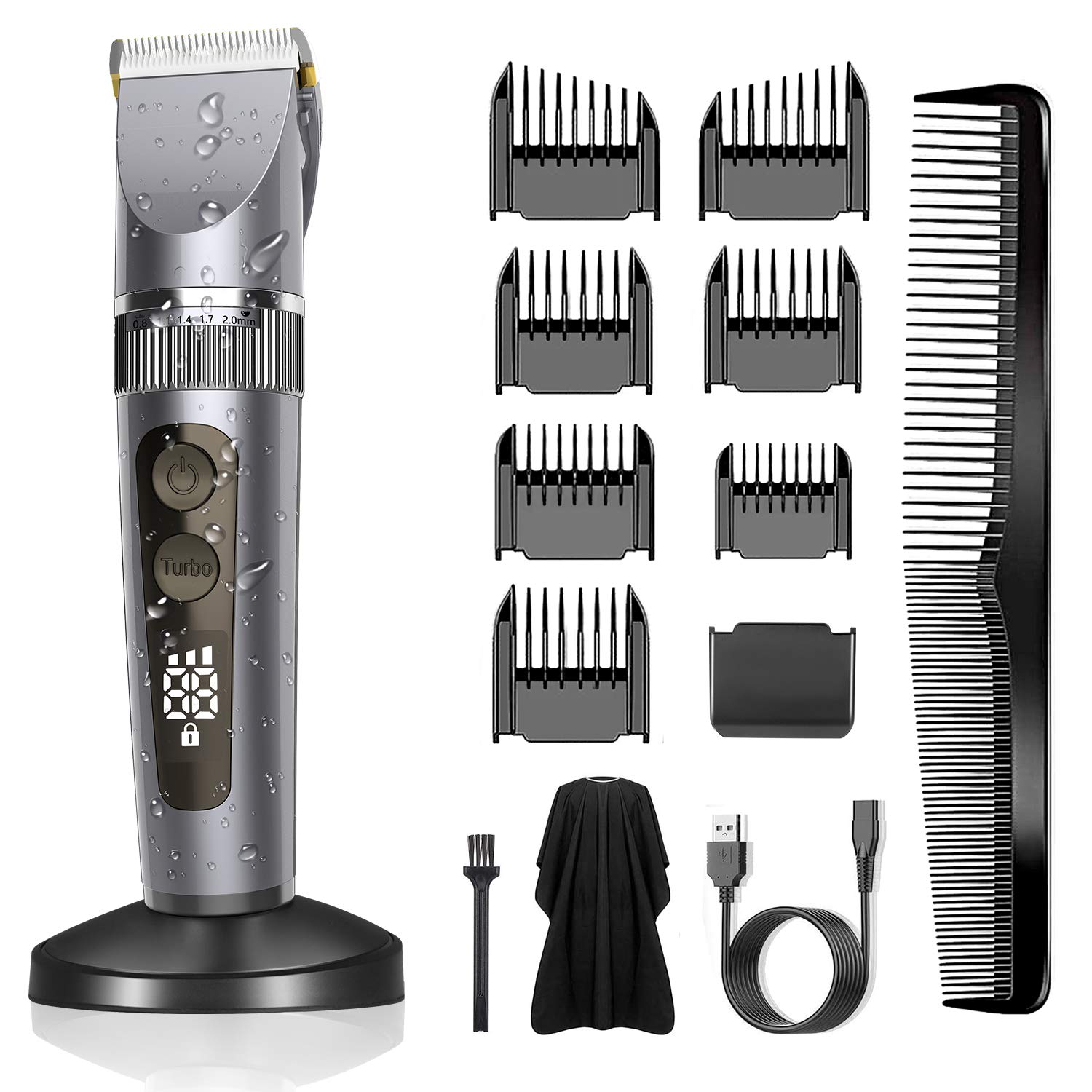 BerBizz Hair Clipper Professional Hair Trimmer Men's Hair Trimmer Beard Trimmer Precision Trimmer Waterproof Long Hair Trimmer Set LED Display for Men, Children and Family (Gray)