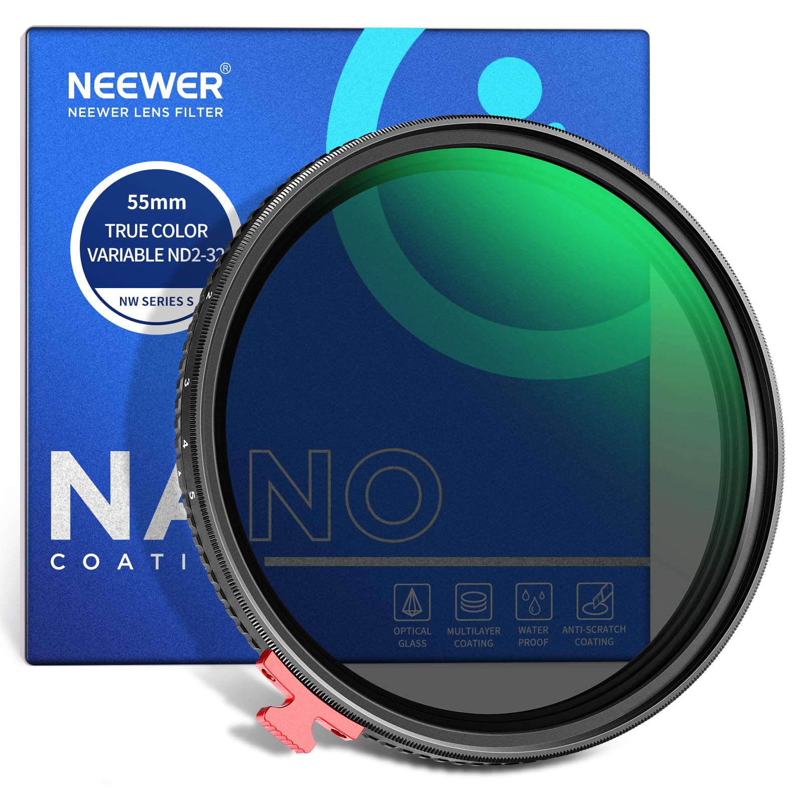 NEEWER 55mm True Colors Variable ND Filter ND2-32 (1-5 Stops) Limited Neutral Density Filter with Putter, Multi Coated HD Optical Glass/No X Cross/Aluminum Frame/Water/Scratch/Fingerprint Resistant