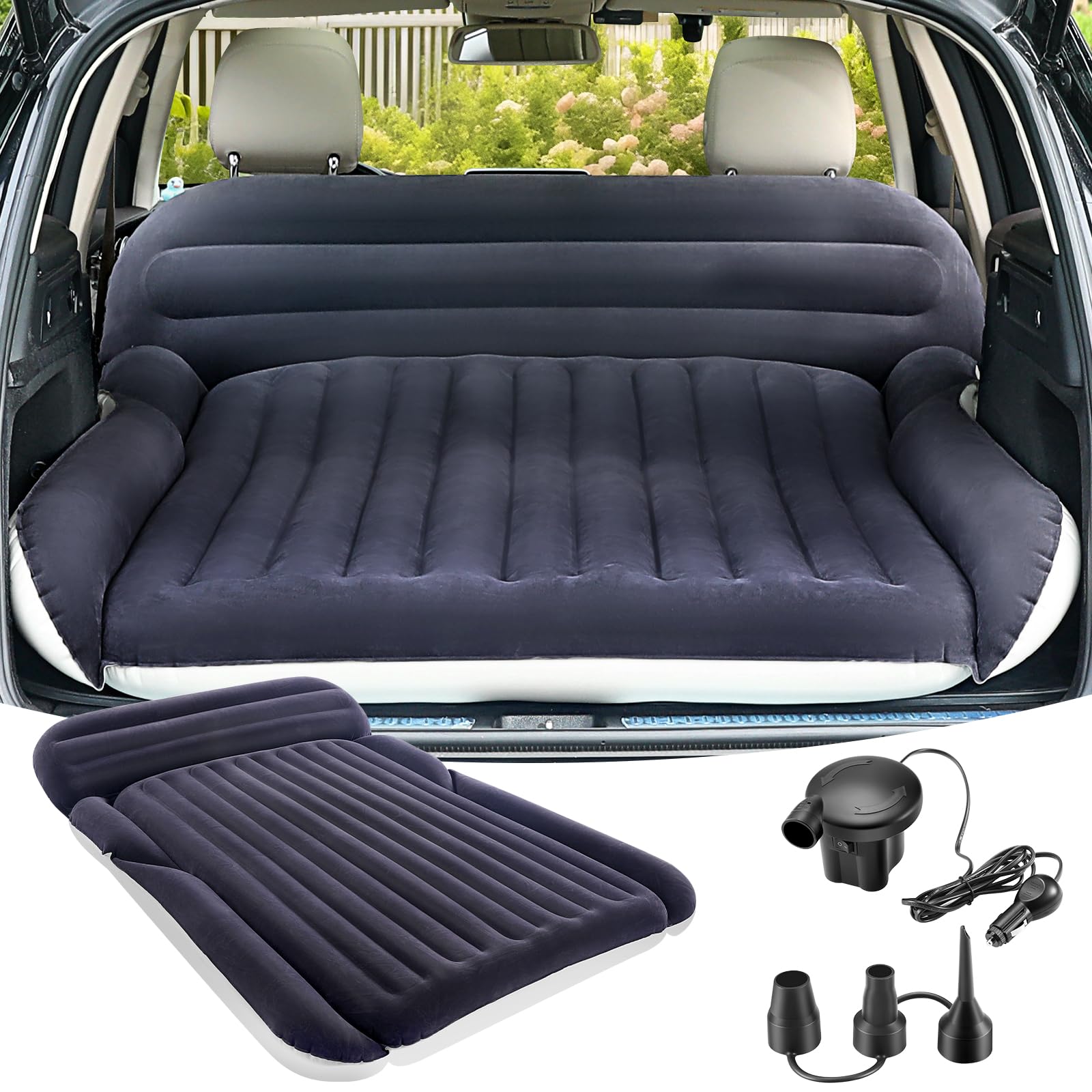 Photo 1 of KMZ SUV Air Mattress with 2 Pillows – Thickened and Flocked Car Bed – Portable Travel Pad for Camping & Road Trips – Quick Inflate & Deflate with External Pump – Blue-Black and Cool Gray