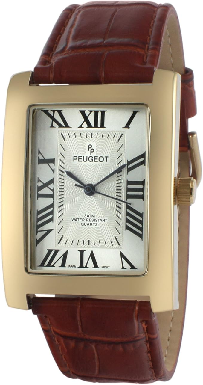 Peugeot Men's Vintage Rectangular Quartz Watch with Leather Strap