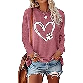 Dog Lover Shirts for Women Paw Print Heart Tee Shirt Cute Dog Mom Long Sleeve Tops Crewneck Graphics T-Shirts