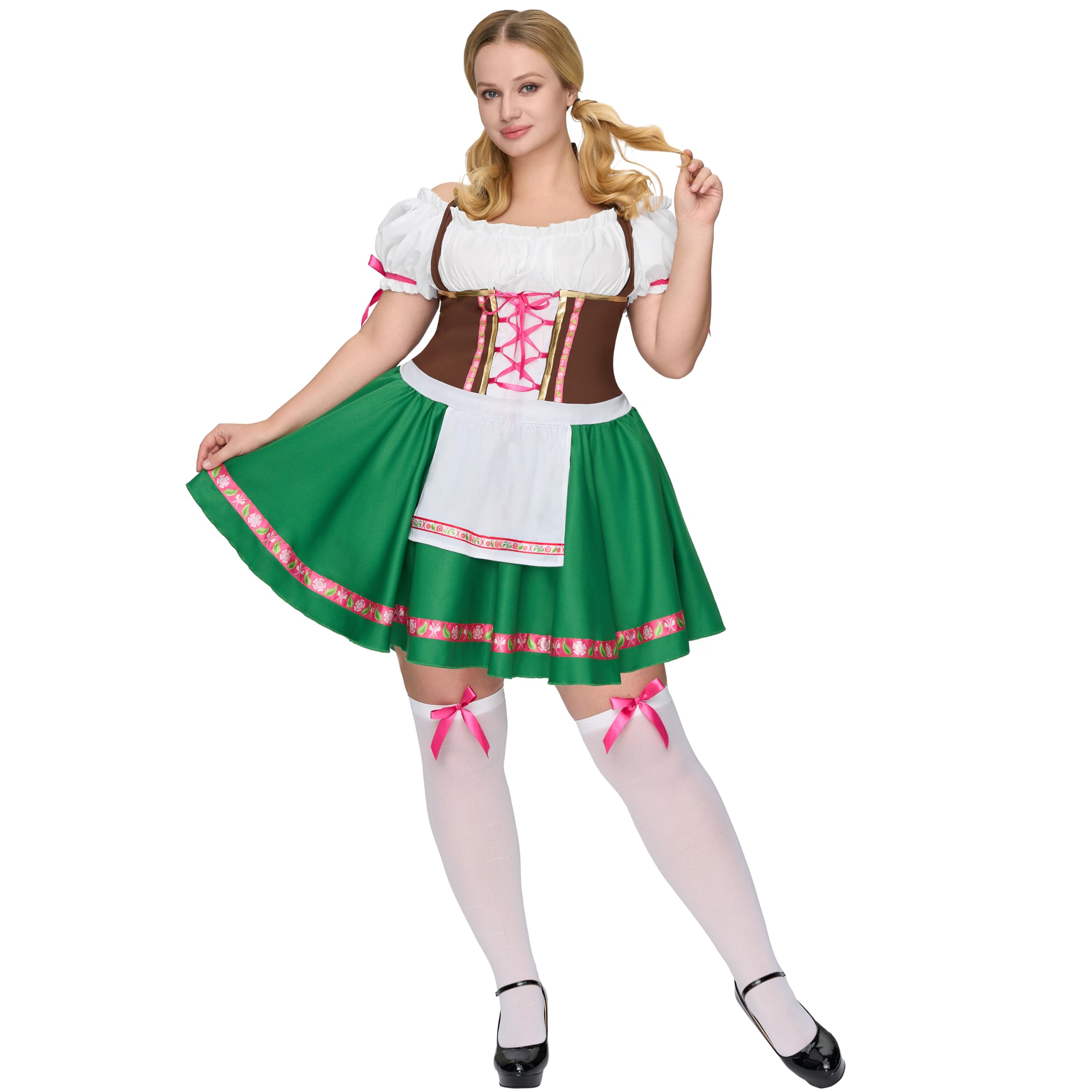 Photo 1 of Spooktacular Creations Plus Size Halloween Costumes, Green Traditional Oktoberfest Dress with Thigh High Stockings Costume for Adult Halloween Party Cosplay-3XL