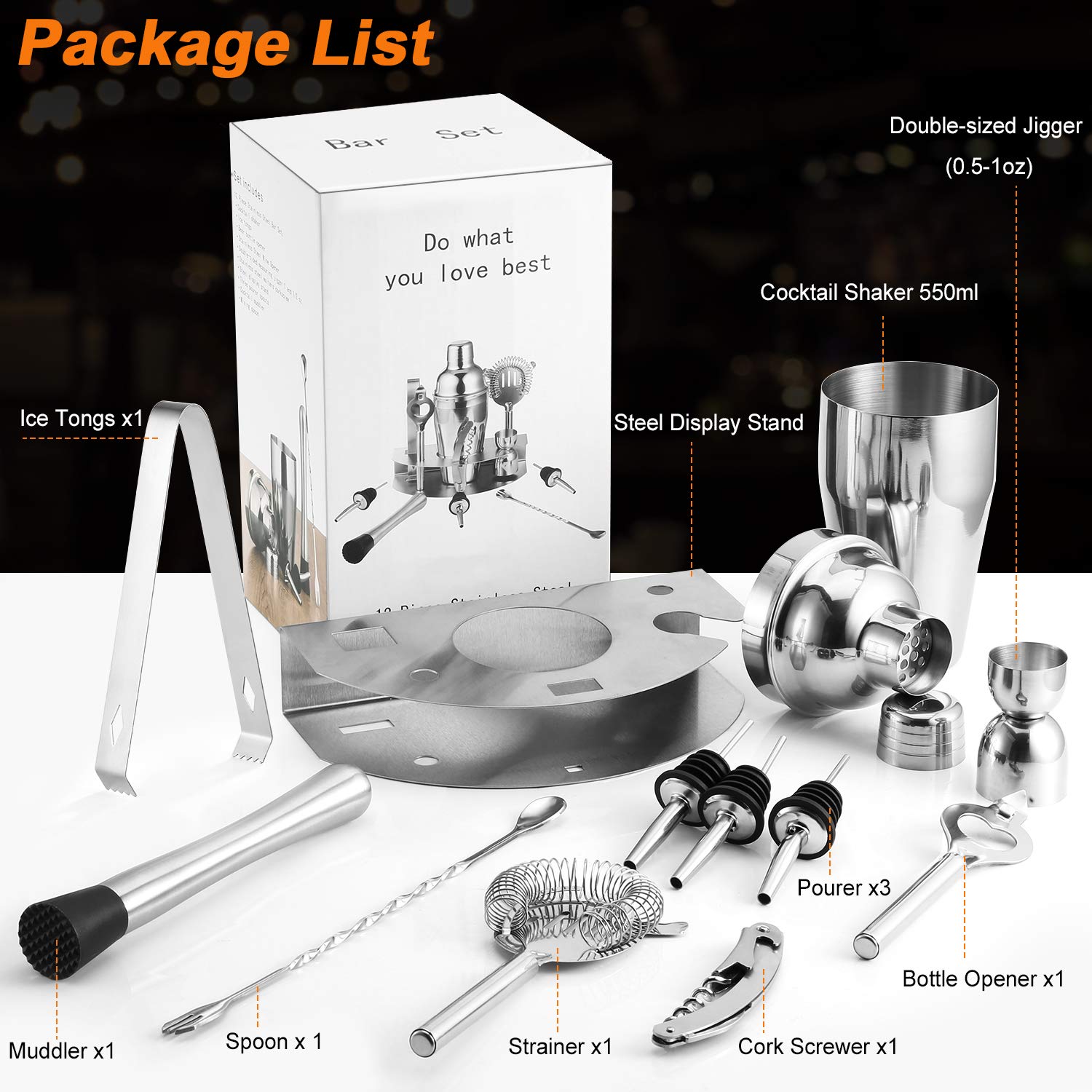 Elepawl Kit de cóctel, Juego de Regalo, Conjunto Coctelera de, Kit de Acero Inoxidable, Caja de Regalo Duradera, Ideal para Mezclar Bebidas (12PCS)