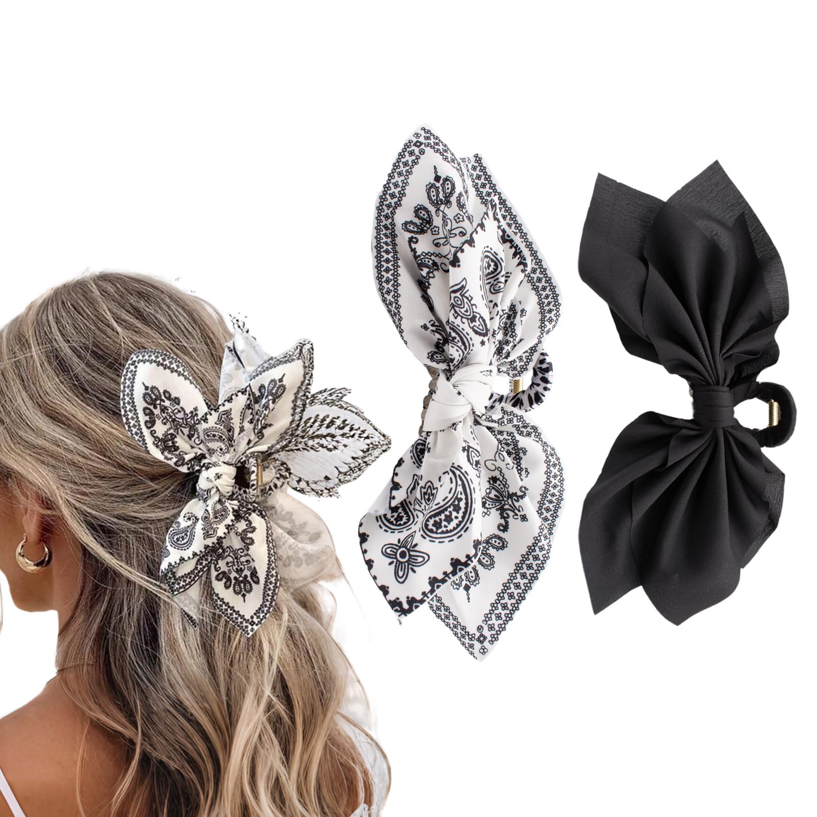 TELAIN Hair Clip Large With Bow, Satin Hair Clips Ladies For Thin And Thick Hair, Elegant And Non-Slip Claw Clip In Black And White, 7.87 Inch