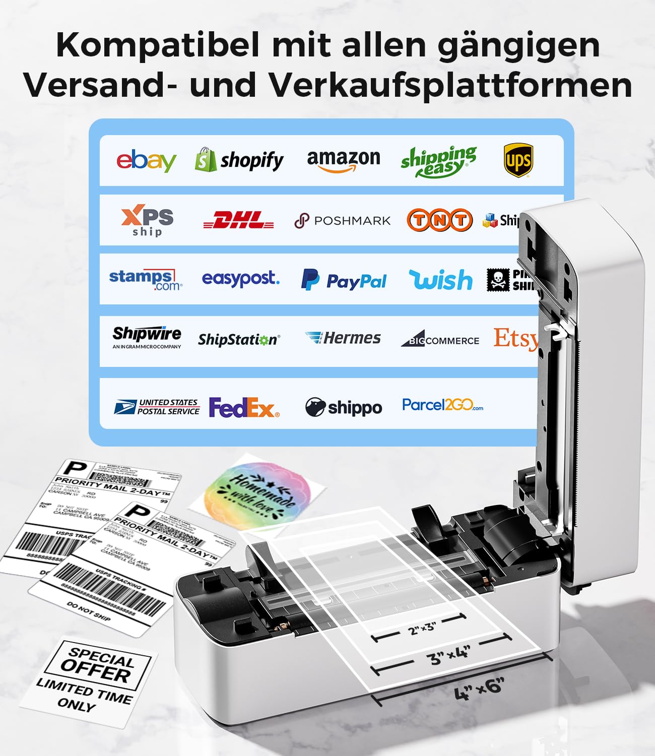 Phomemo Bluetooth DHL Etikettendrucker, Label Printer 4x6 Versandetiketten Drucker, Labeldrucker Thermodrucker für Barcode, Amazon, Etsy, Shopify, DHL, DPD, GLS, FedEx, Ohne Tinte, 241BT Schwarz-weiß 5