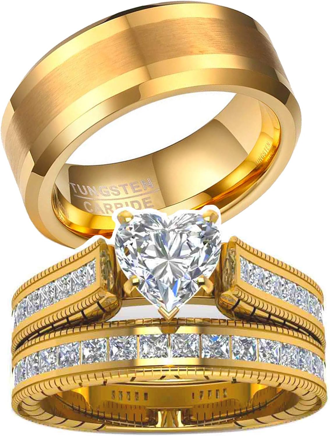 3pc Couple Ring Bridal Sets Women 14k Yellow Gold Plated Cz