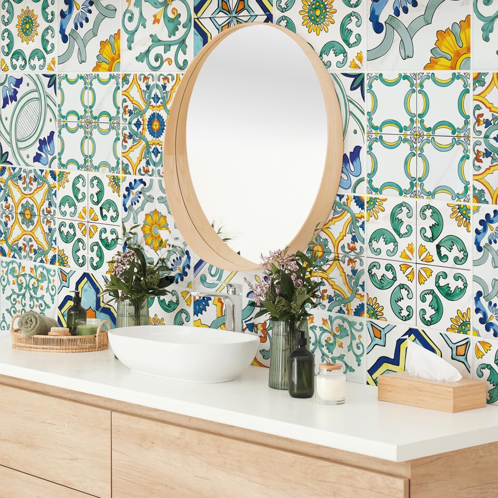 RE-COVERTILES - Tile Stickers for Bathroom and Kitchen 12 Pcs 15x15 cm - PS00047 Wall Decoration in Waterproof PVC Mosaic Tiles Style Azulejos Cement Tiles