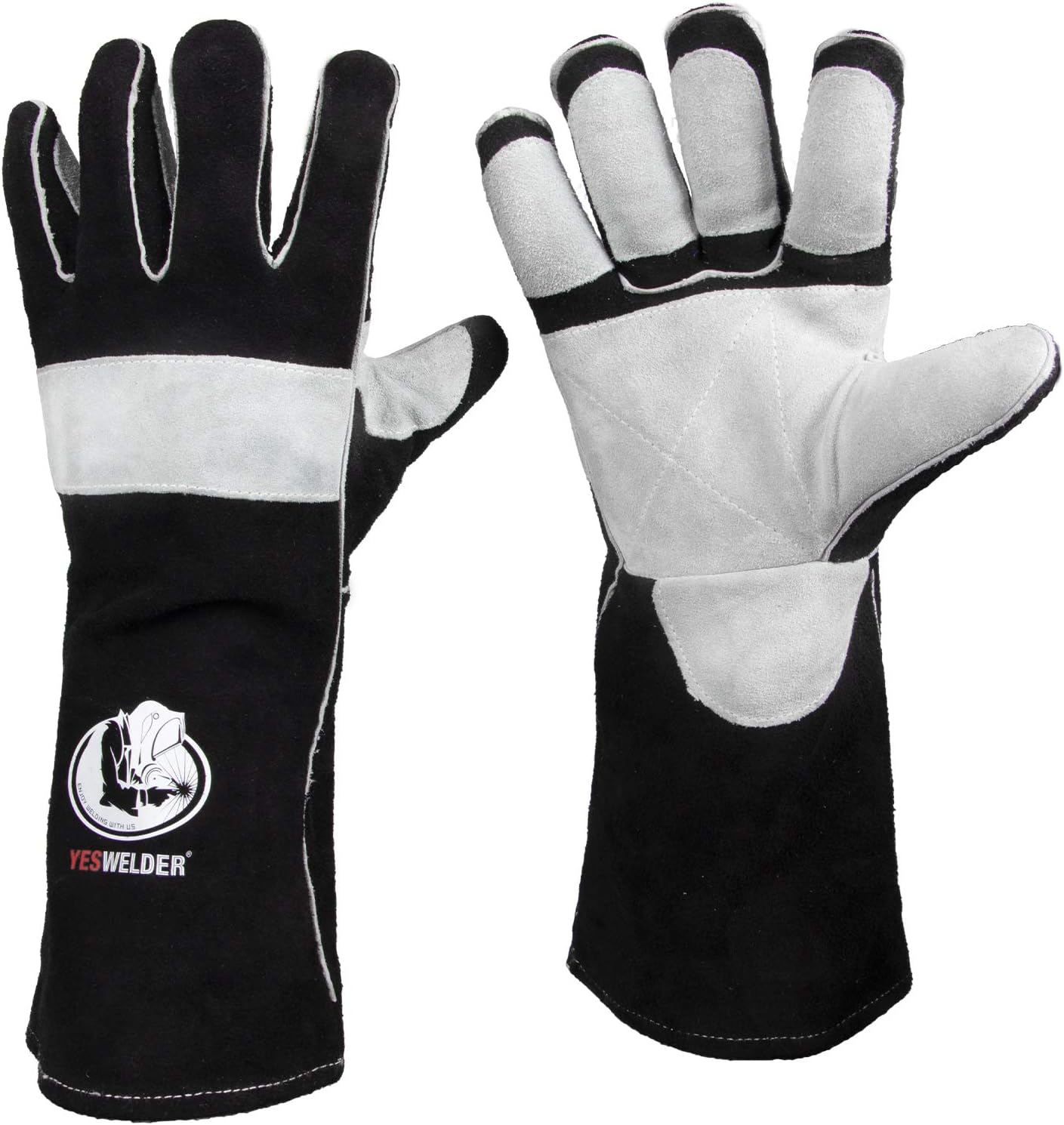 YESWELDER 16 Inches, 932℉, Leather Forge MIG Welding Gloves, with Kevlar Stitching Heat/Fire Resistant, Palm Reinforcements, Black-Gray - - 