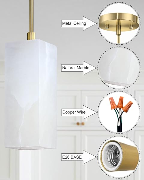 RAINLIGHTING 1 LIGHT MODERN INDUSTRIAL FARMHOUSE HANGING KITCHEN ISLAND PENDANT CEILING LIGHT FIXTURE,SQUARE NATURAL ALABASTER MARBLE GOLD FINISH OVER SINK RESTAURANT BAR CORRIDOR