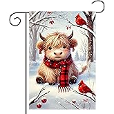 Highland Cow Garden Flag 12x18 Inch Winter Double Sided Flag with Red Cardinal and Snow Scene, Outdoor Farmhouse Holiday Yard Decor