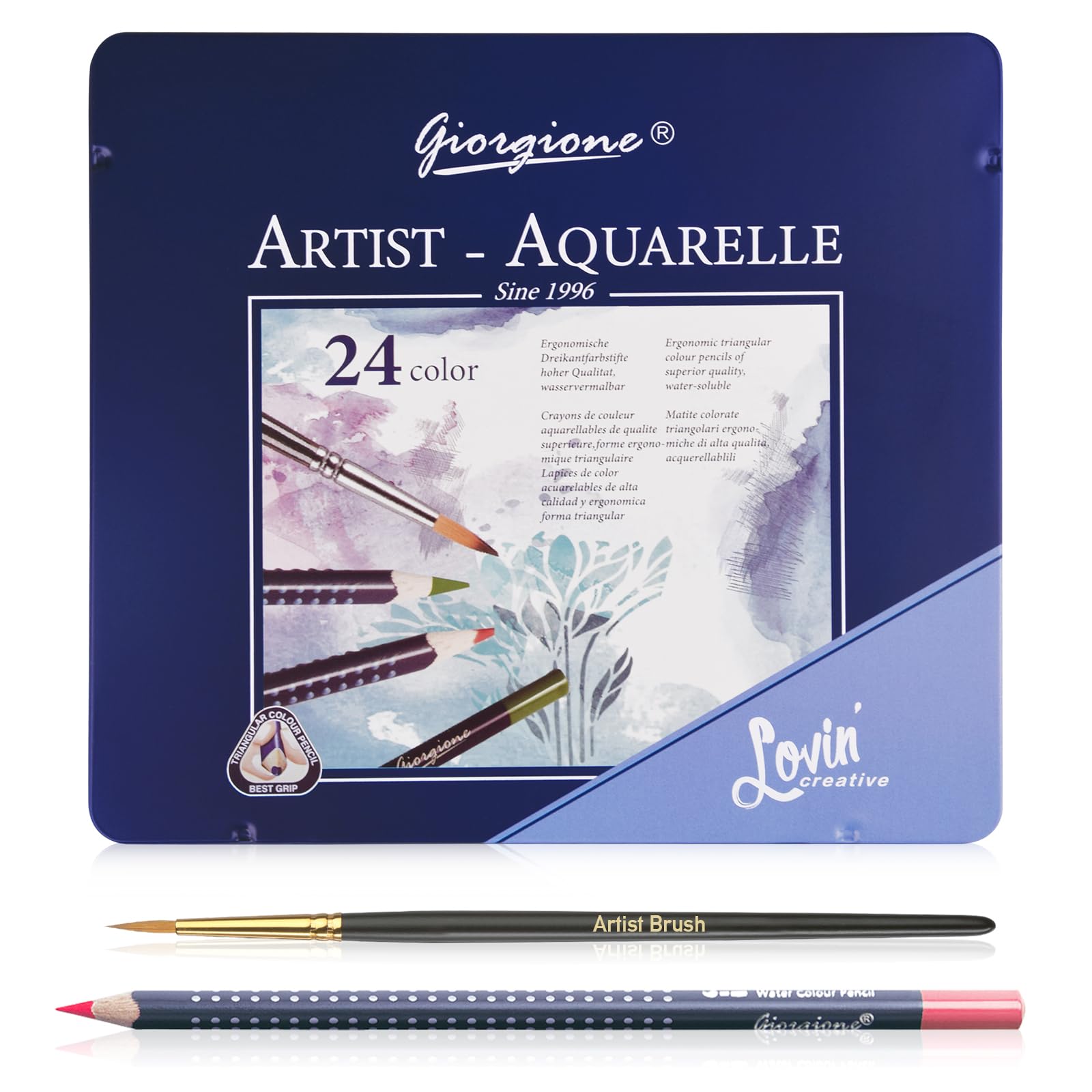 Surcotto Watercolour Pencils - 24 Colouring Pencils Watercolour,Water-Soluble Coloured Pencils for School,Beginners, Students and Adults | Water-Based, Soft Colours,Wooden Barrel with Tin & Fine Brush