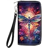 FVAENDHIO Women's Large Capacity Wallet PU Leather Zip Around Clutch Purse Multifunctional Wallet with Removable Wristlet Strap for Smart Phone/Coin/Card/Cash, Dragonfly