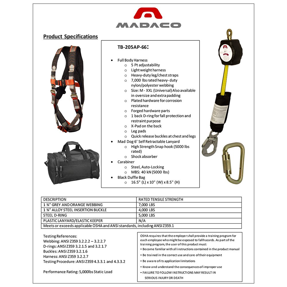 ブランド品専門の B0752mbrrh Oshaマックスi Ansi 屋根の建設が保護フルボディ産業の安全ハーネスの内部の衝撃吸収6ftストラップキットサイズm Xxl Madaco ハーネス Www Wwmp Org Za