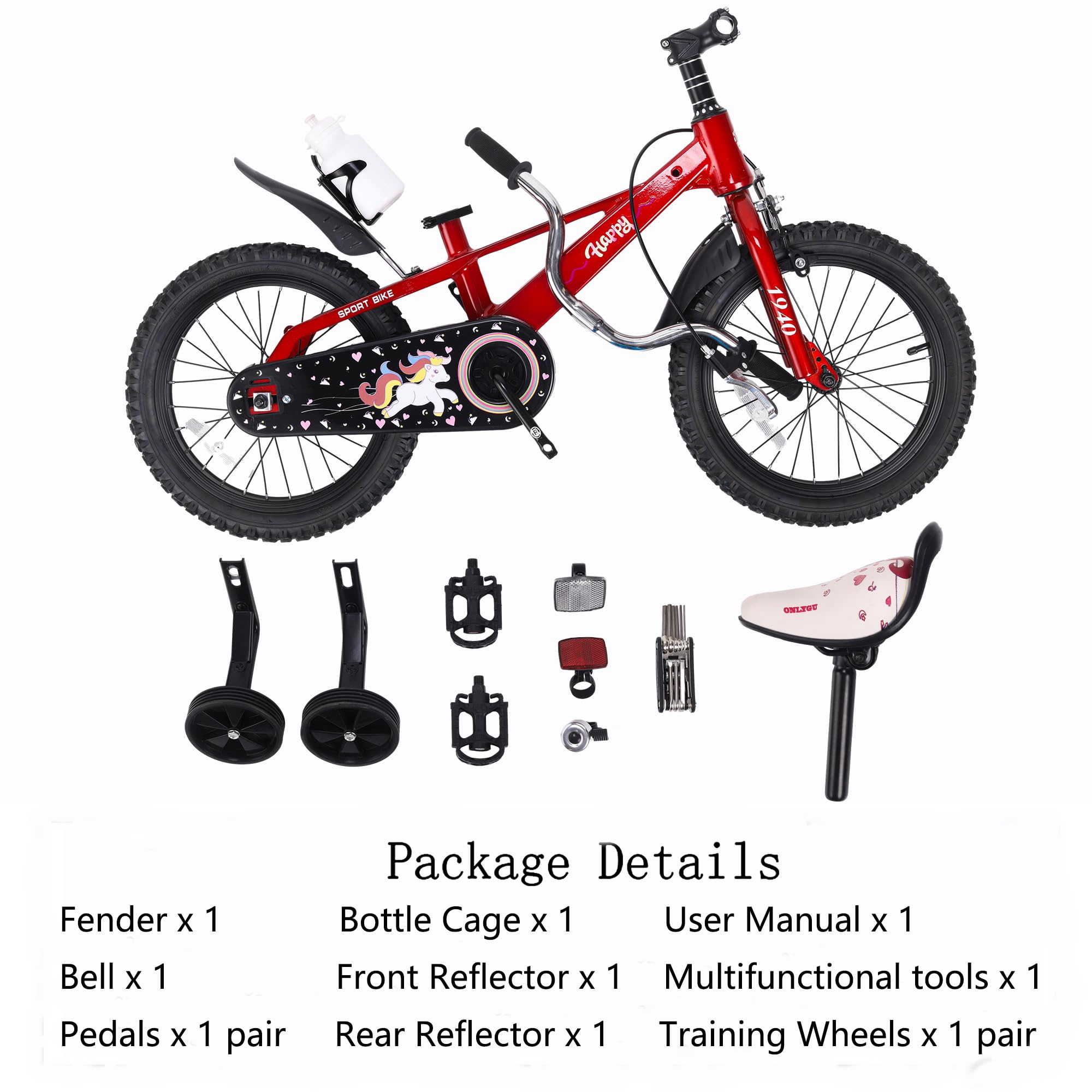 ONLYGU Girls Bike 14 Inch Kids Bicycle for Ages 3-5 with Training Wheels Easy Assembly Sturdy Magnesium Alloy Frame