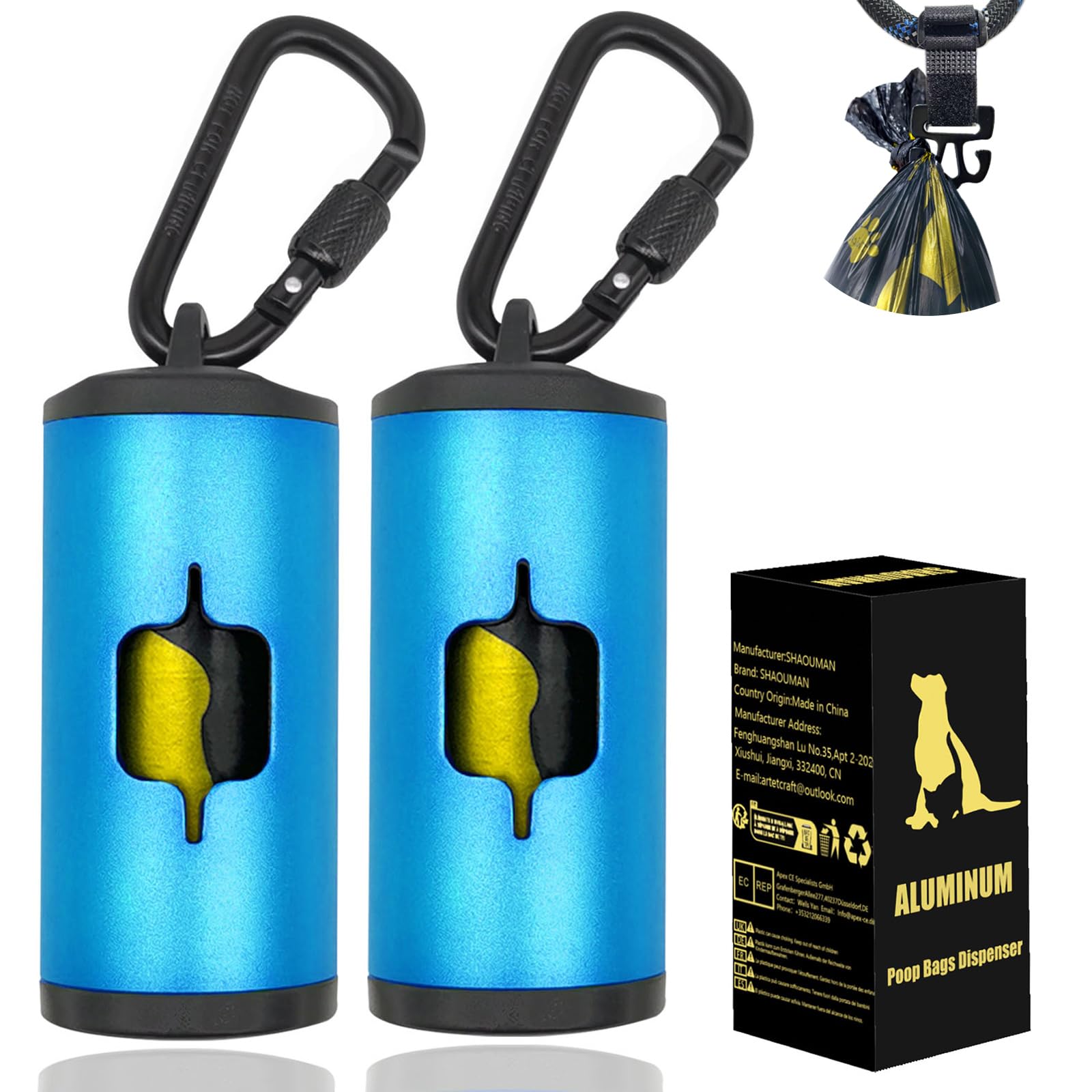 SHAOUMAN 2 Pack Metal Dog Poop Bags Holder Aluminum Poo Bags Dispenser with 30 Black Unscented Pet Waste Bags and 3 Leash Accessories for Dog Walking(2 Holders 30 Bags,Blue)