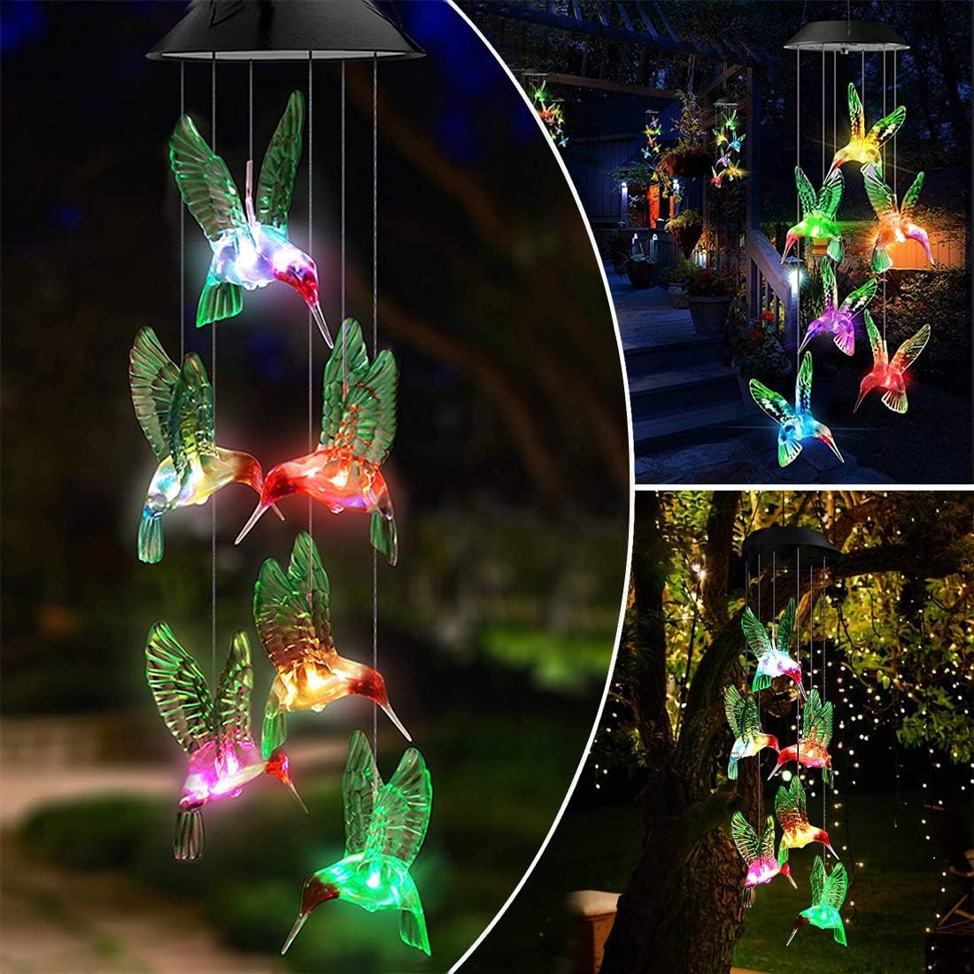Andvon LED Solar Hummingbird Wind Chimes Lights Color Changing Six Hummingbird Outdoor Mobile Hanging Patio Lights Solar Power Wind Chimes Lights for Yard/Garden Decor Gifts for Mom, Wife : Garden & Outdoor