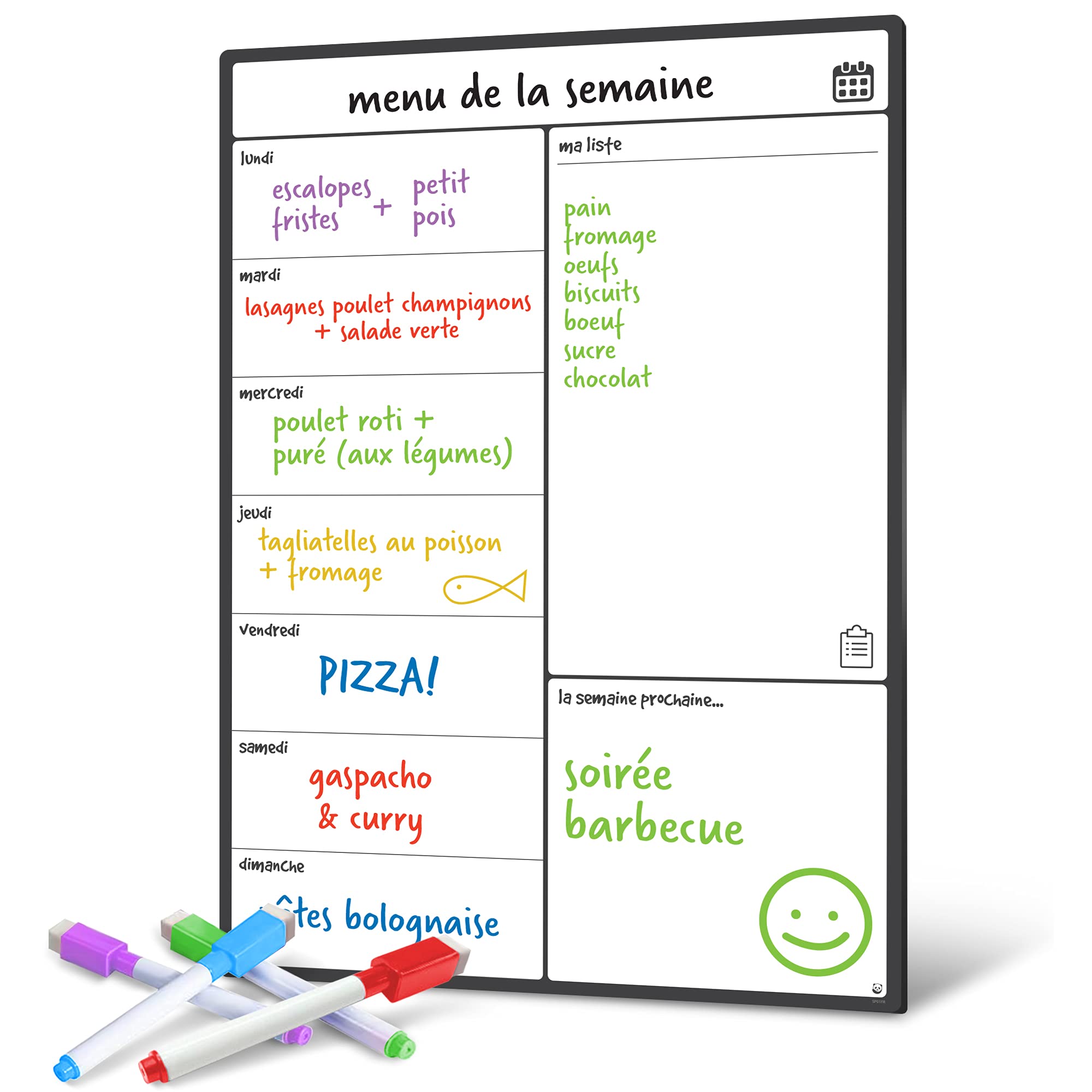 Smart Panda French Language - Magnetic Whiteboard Fridge Calendar Weekly Menu, Memo and Shopping List For Kitchen - Useful for Language Learning - In French