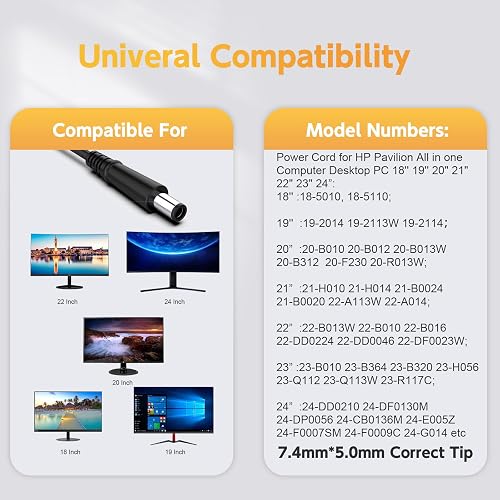 90W Power Cord For HP All-in-One Desktop PC - 19V 4.74A Charger Adapter 18-27 Inch Models