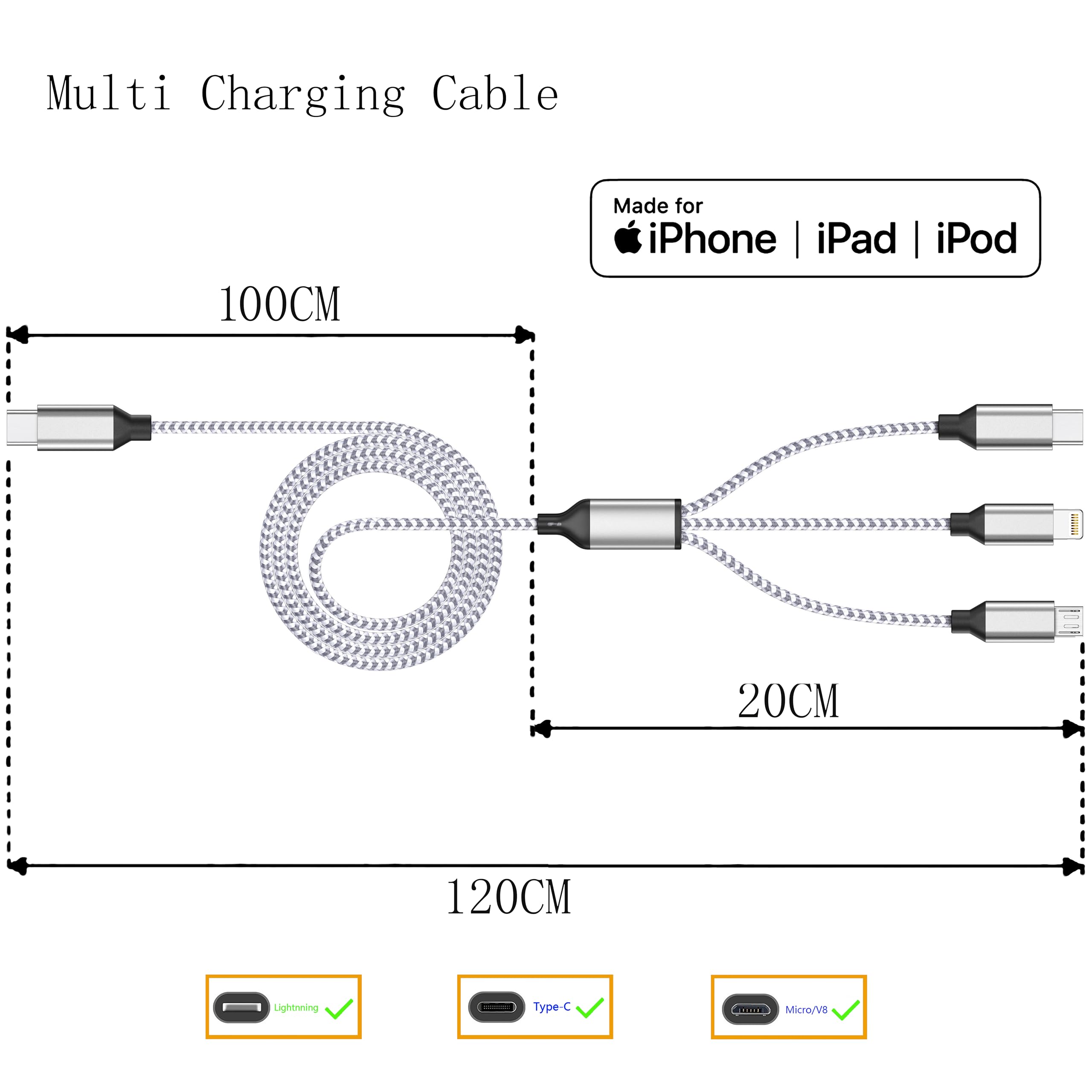 Multi Charging Cable 4ft 3Pack Usb Charger 3 in 1, C Port Multi iPhone Charger Cable Nylon Braided Apple MFi Certified Fast Charging Cord with Type-C/Usb C Micro Lightning for Phone iPad iPhone Tablet