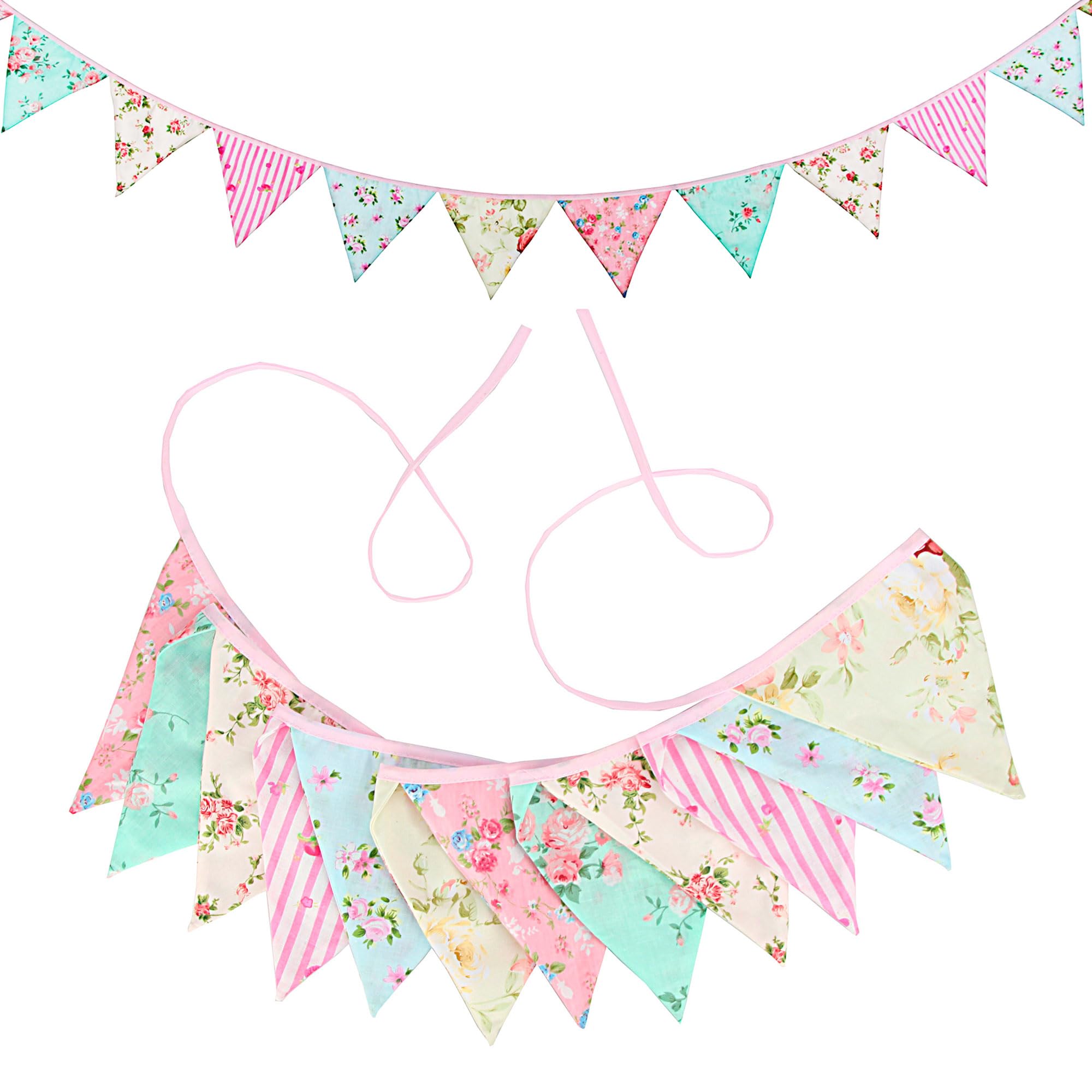G2PLUS Double Sided Fabric Bunting Banner -12PCS Pink Fabric Bunting Nursery - 3.3M Cotton Triangle Pennants for Decorating Girls Bedroom Birthday Parties
