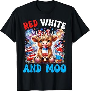 4th of July Highland Cow Popsicle Patriotic Red White & Moo T-Shirt