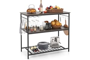 GOFLAME Kitchen Island with 3 Shelves, Industrial Kitchen Counter with Wine Glass Holders & 10 Hooks, 3 Tier Shelf with Heavy Duty Metal Frame for Kitchen, Dining Room, Grey + Black