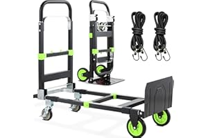 COOCHEER 3-in-1 Folding Hand Trucks, 600Lbs Convertible Hand Truck Dolly, Heavy Duty Convertible Dolly with Retractable Handle and 4 Rubber Wheels, Collapsible Cart for Moving Office/Home/Warehous(Green)