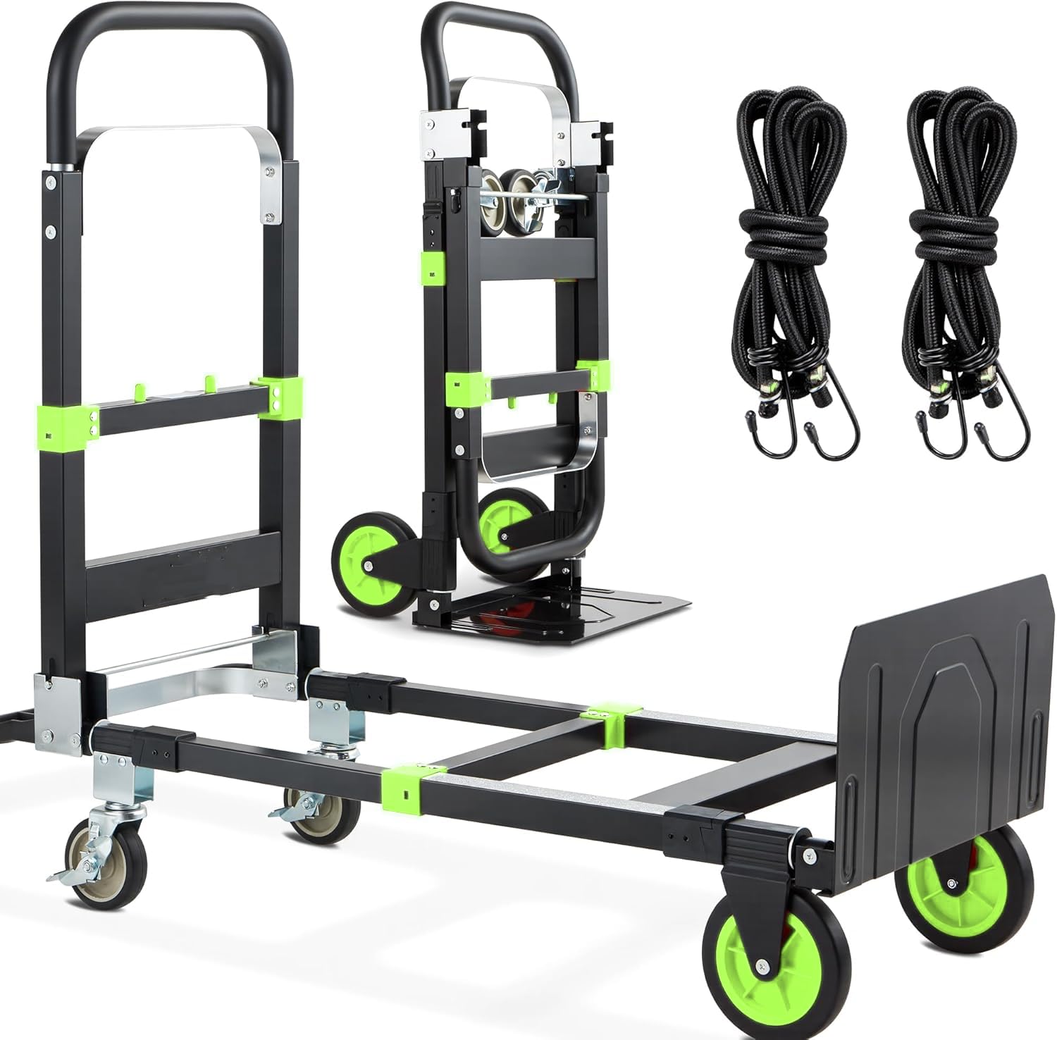 View 1 of 3-in-1 Folding Hand Trucks, 600Lbs Convertible Hand Truck Dolly, Heavy Duty Convertible Dolly with Retractable Handle and 4 Rubber Wheels, Collapsible Cart for Moving Office/Home/Warehous(Green)