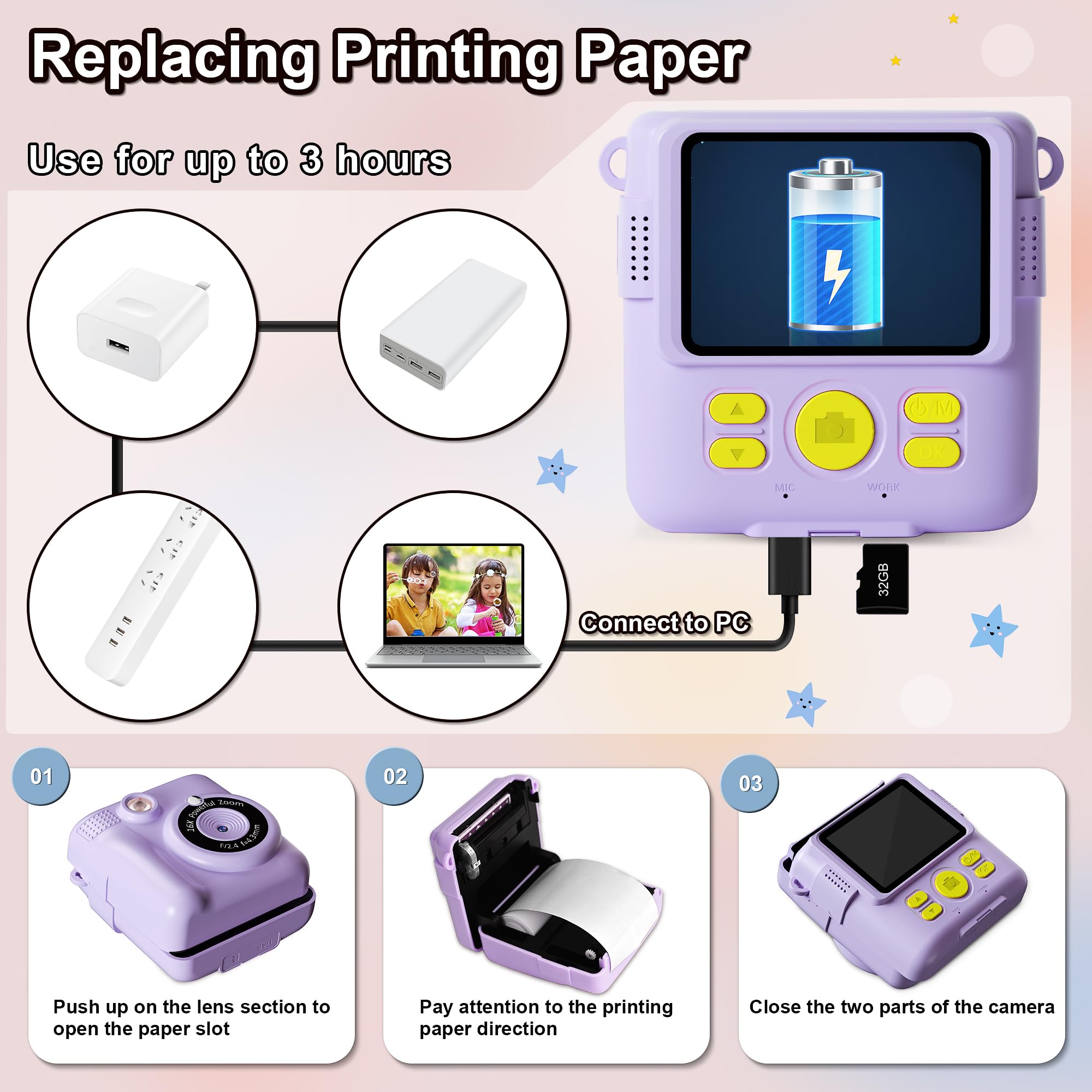 GKTZ Instant Print Camera for Kids - 1080P HD Instant Print Photo - Christmas Birthday Gifts for Age 4 5 6 7 8 9 10 Girls Boys - Portable Toy with 3 Rolls Photo Paper, 32GB Card, Color Pens - Purple