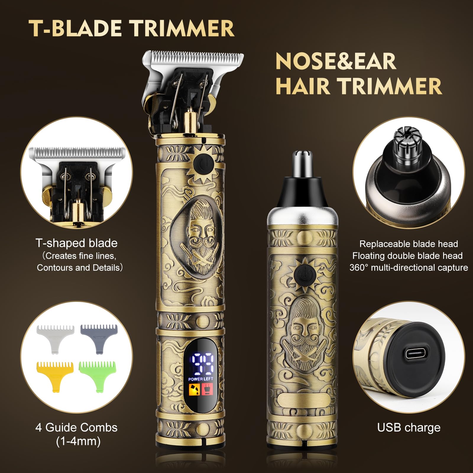 Dumite Professional Hair Clippers for Men,Hair Clippers+T-Blade Trimmer+Electric Shaver+Nose Hair Trimmer Set,4 in 1 Cordless Barber Hair Cutting Kit LCD Display Gifts (Gold)