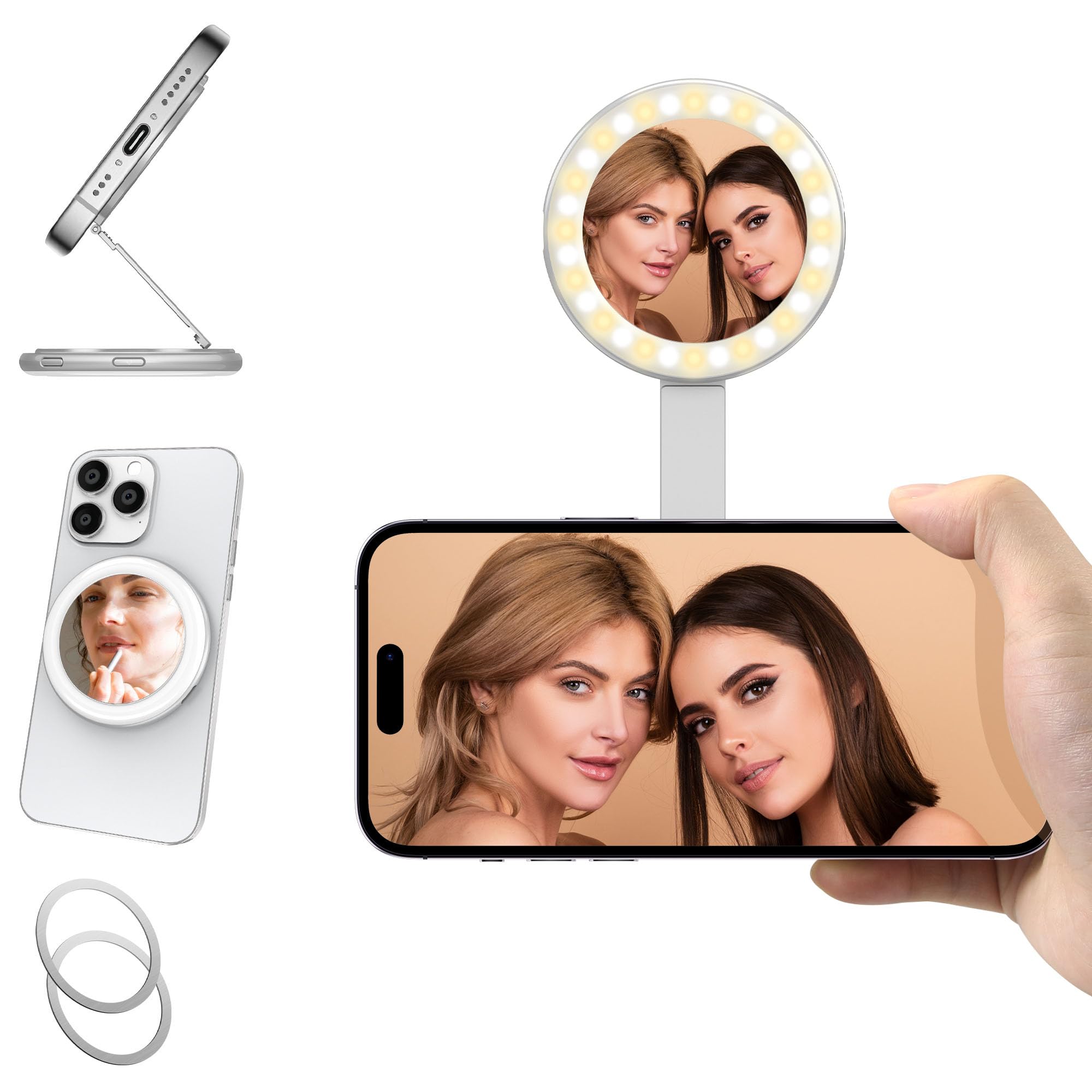 Photo 1 of 3-in-1 Magnetic Stand Selfie Mirror with LED Light for iPhone, Android Phone and Laptop, Silver, 3 Brightness, 3 Light Modes, with 2 Metal Rings, Stand with Magsafe Gift for Girl Selfies, Vlogging