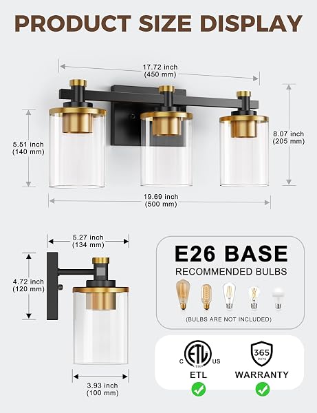 L LOHAS LED 3 LIGHT BATHROOM VANITY LIGHT, BLACK AND GOLD BATHROOM LIGHT FIXTURE OVER MIRROR, MODERN LIGHTING FIXTURES WITH CLEAR GLASS SHADE, VINTAGE VANITY LIGHTS FOR BATHROOM MIRROR HALLWAY, ETL