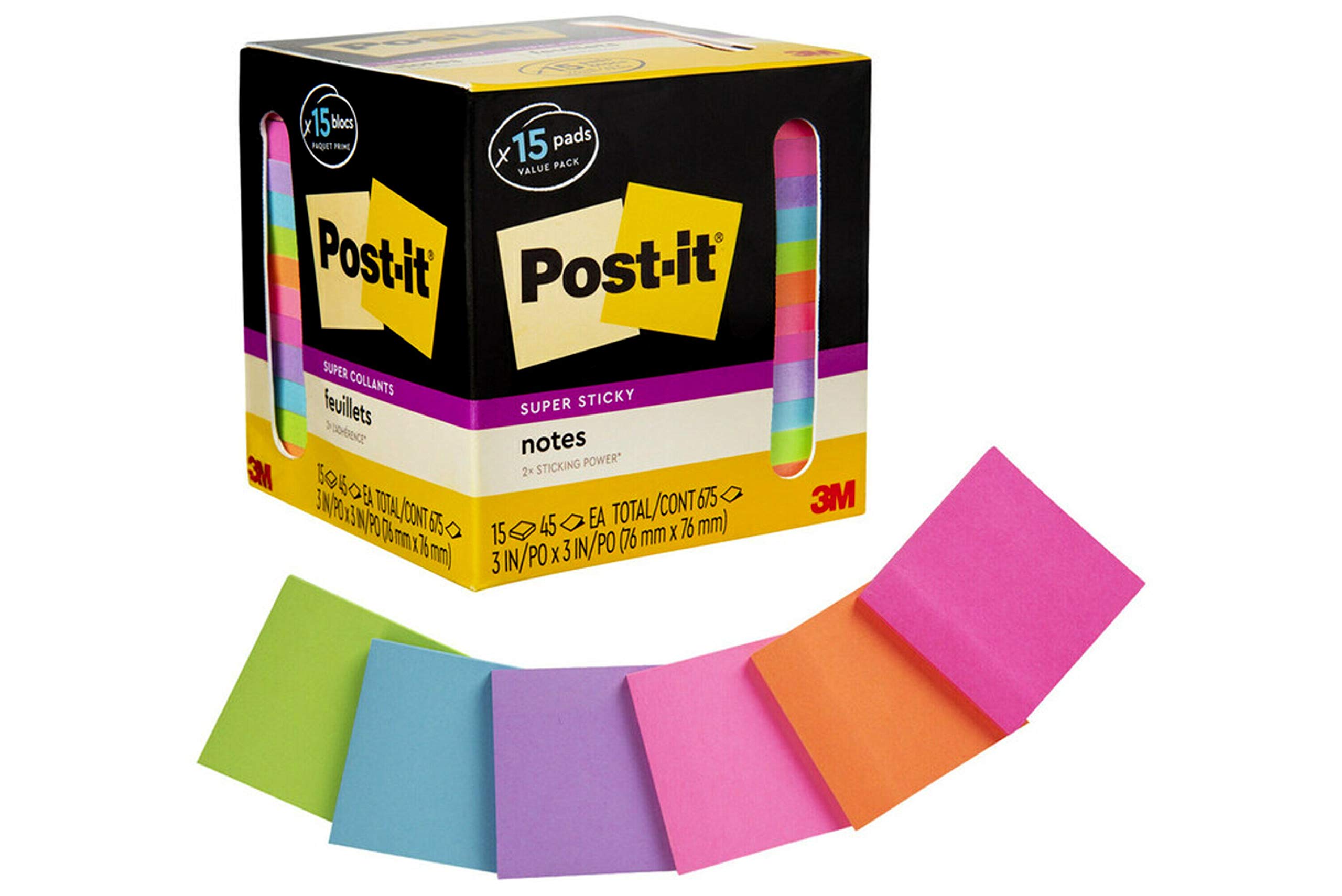 Post-it Super Sticky Notes, Assorted Bright Colors, 3 in x 3 in, 15 Pads/Pack, 45 Sheets/Pad, 2X The Sticking Power, Recyclable (654-15SSCP)