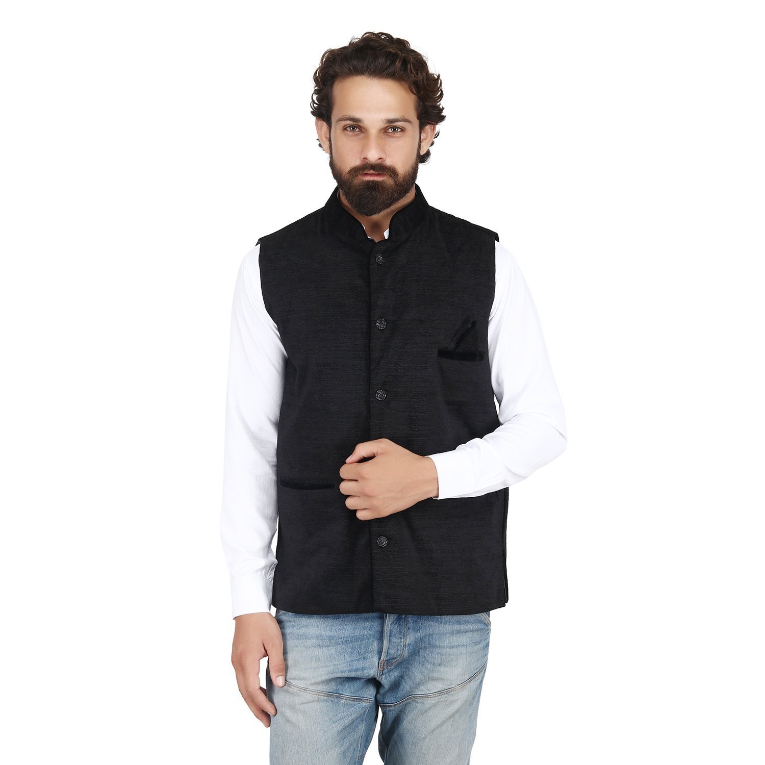 psk men's cotton blend nehru and modi black jacket ethnic style for party wear