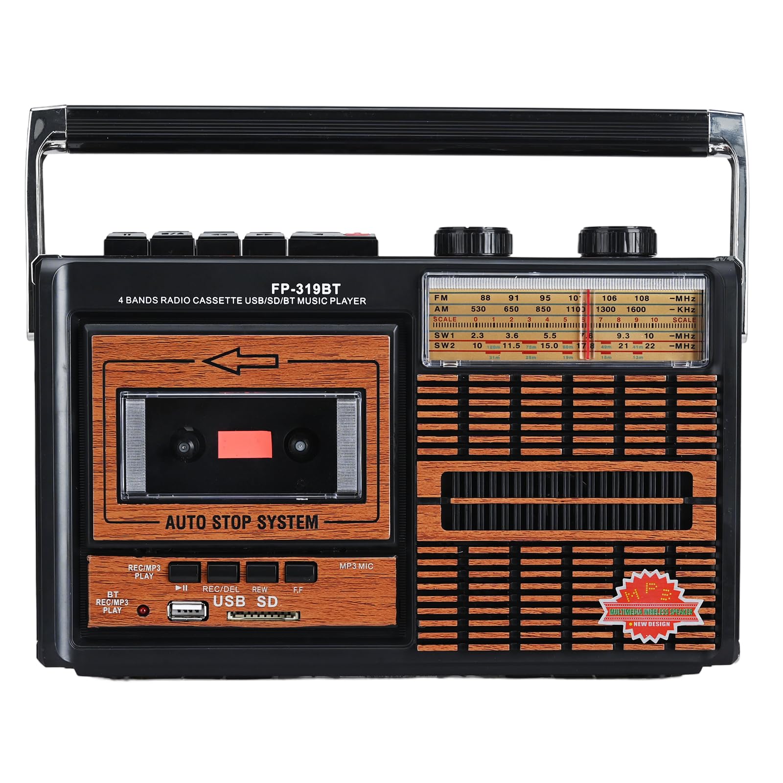 Lychee Portable Retro Cassette Tape Player and Recorder with AM/FM/SW1-2 Four Bands Radio,Built-In Speaker,3.5mm Headphone Jack,Support SD/USB Input (F-319BT)