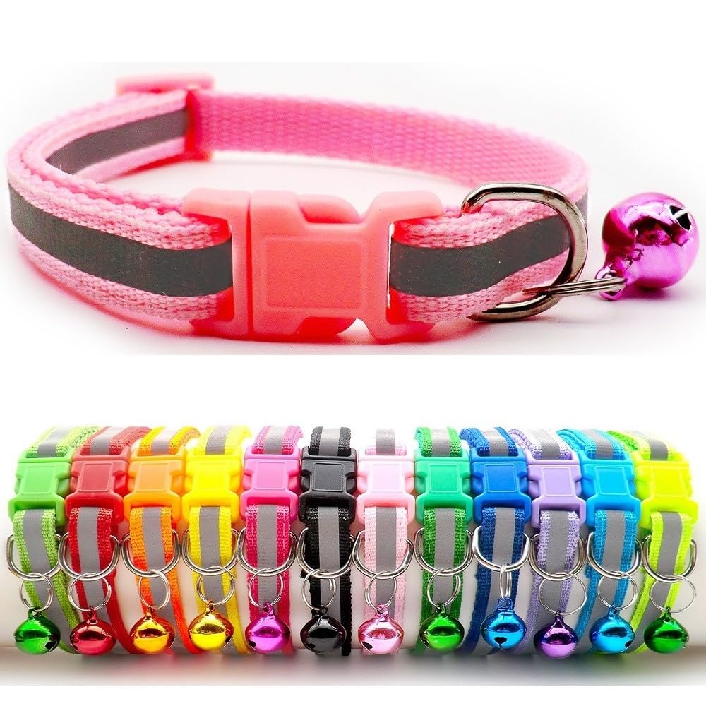 Small Dog Puppy Pet Collar Reflective Hi-Vis Strip with Bell Nylon Adjustable Size 19-32cm Pink