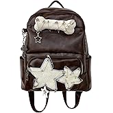 KANGDAWEI Cute PU Backpack Preppy, Y2K Star Vintage Fashion Bookbag, Aesthetic Emo 2000s Backpack for Women Men Casual Bag