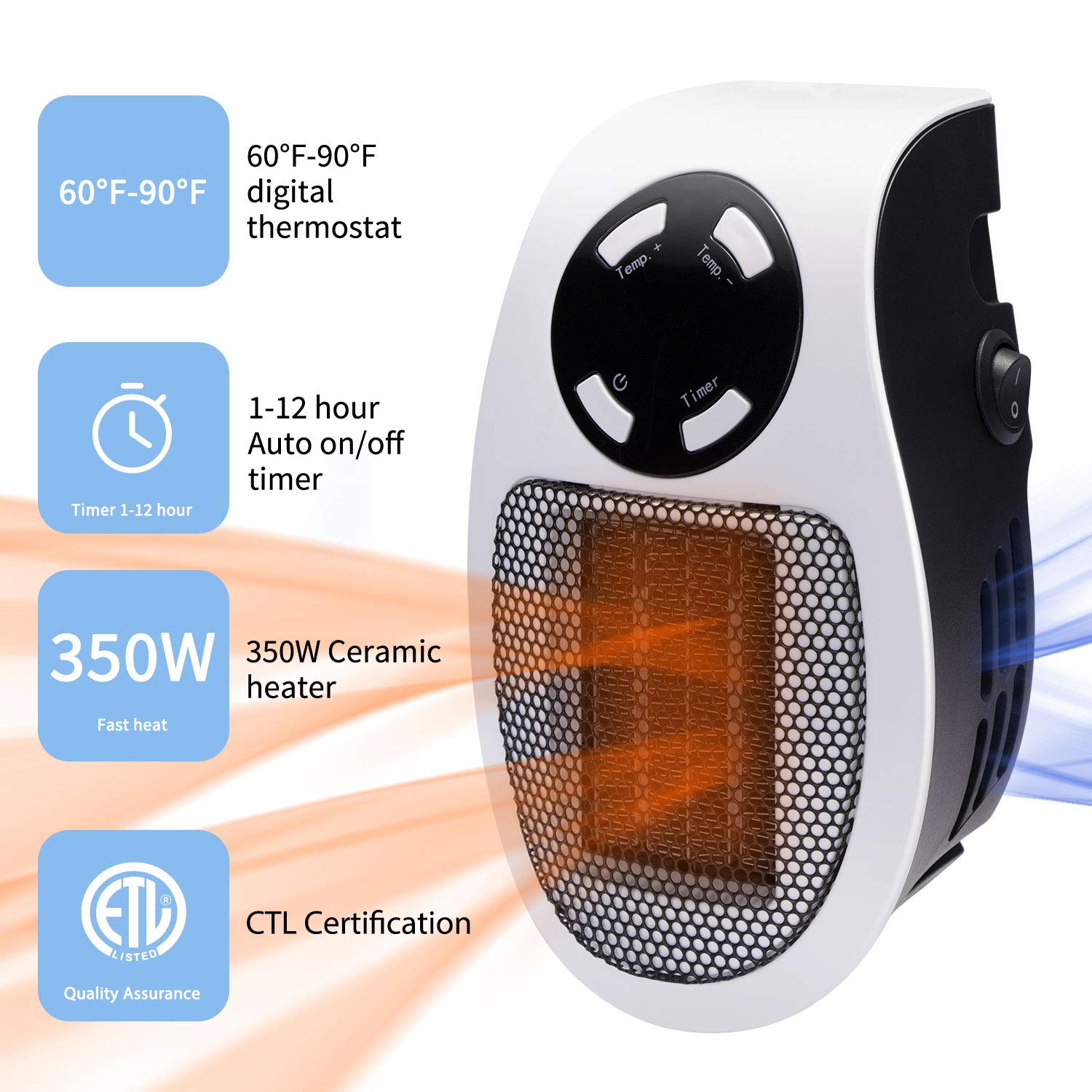 350W Space heater, Programmable Wall Outlet Space Heater As Seen on TV with Adjustable Thermostat and Timer and Led Display for Office Dorm Room