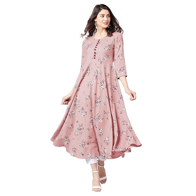 Women Dusty Pink & Red Floral Printed A-Line Kurta