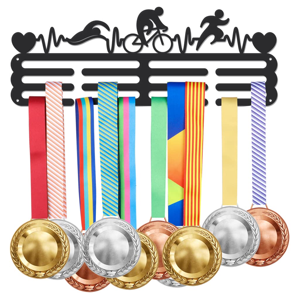 SUPERDANT Triathlon Medal Holder Display Hanger for Heartbeat Black Steel Metal Wall Mounted Hooks Medal Rack Display Medal Hook Over 60 Medals