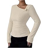 Floerns Women's Asymmetrical Neck T Shirts Long Sleeve Knit Fall Outfit Casual Tee Tops