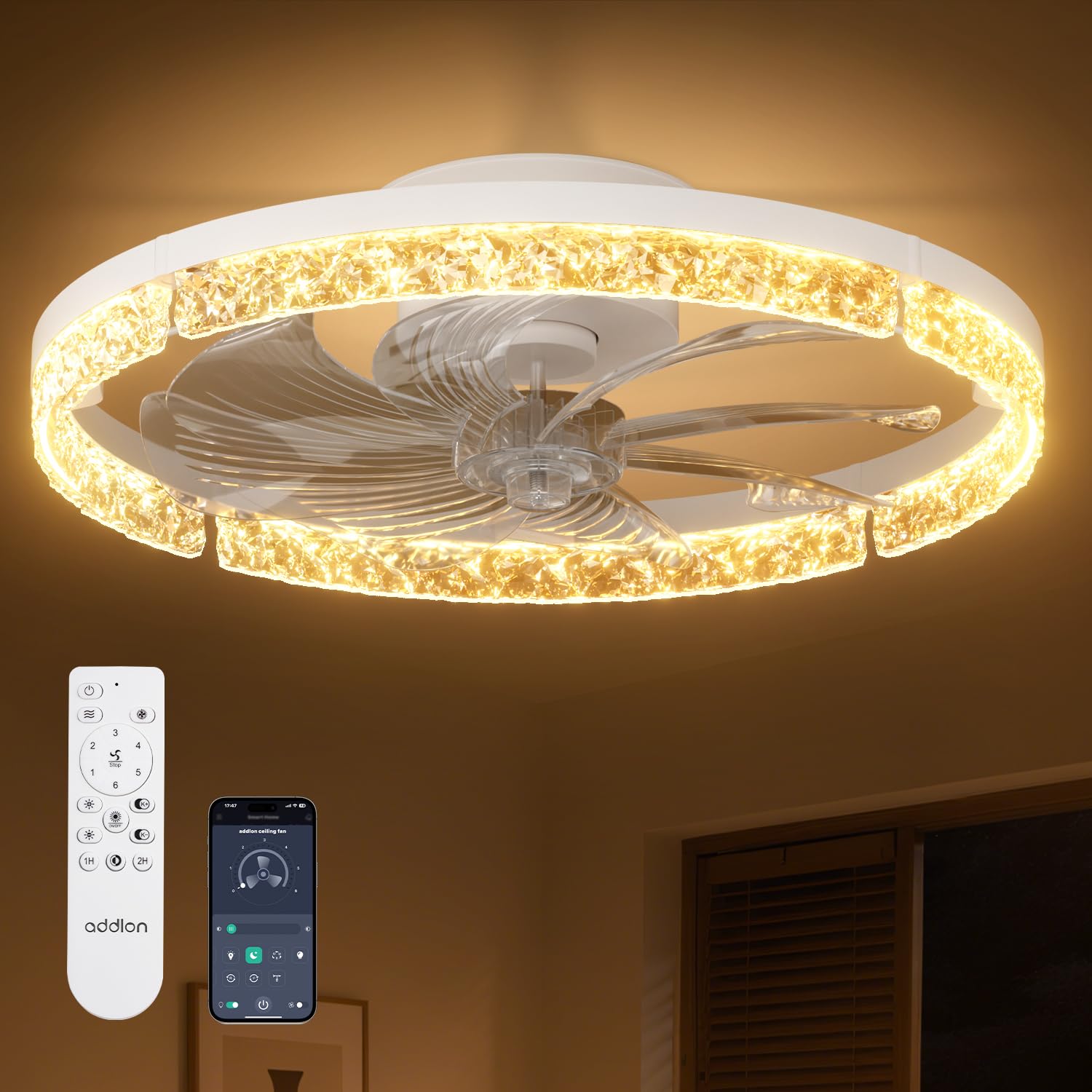addlon Ceiling Fans with Lights and Remote, 20'' Low Profile Flush Mount Ceiling Fan, 3000–6000K Dimmable LED Fandelier, Bladeless Crystal Fan Light for Bedroom, Kitchen, Living Room, White Image