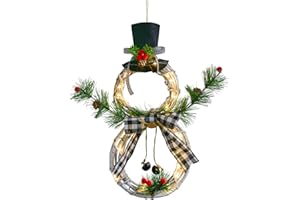 Artiflr 16 x 8 Inch Lighted Christmas Wreath Decoration, Grapevine Wreath with Hat and Bow Snowman Shape Wreath for Front Door Home Wall Decor (White)